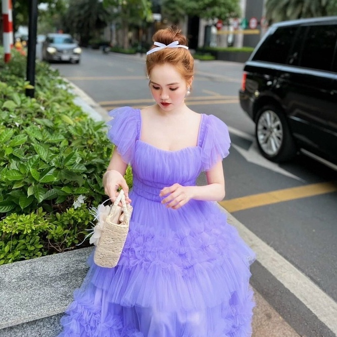 Đầm maxi đi biển lưới tầng cánh tiên dáng xòe dự tiệc HATI