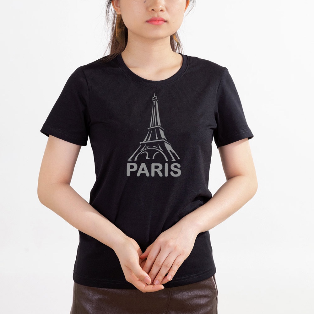 Áo thun nữ TOLI cổ tròn màu đen in Paris, 100% cotton 4 chiều mềm mịn, co dãn, form suông cơ bản