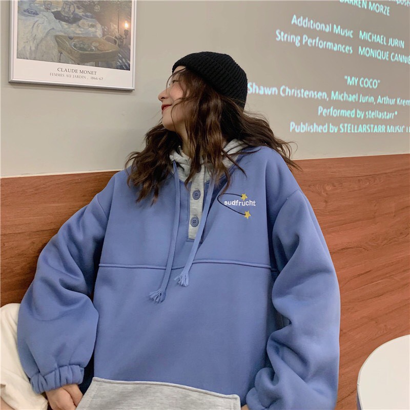 ÁO HOODIE PHỐI MÀU MŨ TÚI SUDFRUCHT - ÁO NỈ NGOẠI HOODIE CÚC CÀI TAY CHUN PHỒNG XANH XÁM | BigBuy360 - bigbuy360.vn