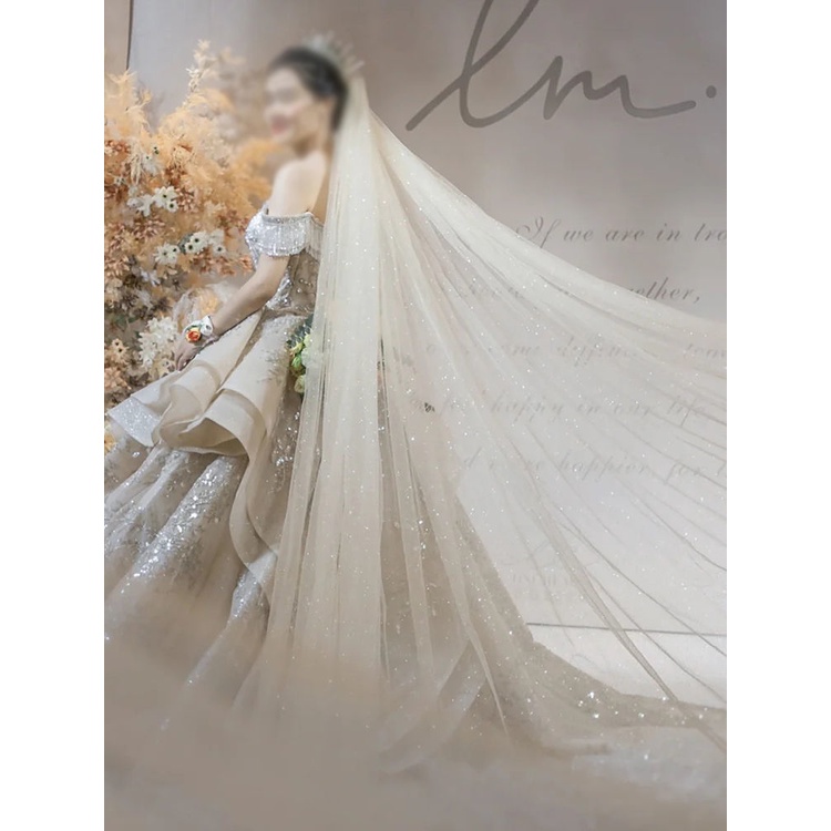 [Aishang Đẹp] Khăn Trùm Đầu Cô Dâu Hai Lớp Lấp Lánh Ánh Sao Một Lớp Dáng Dài