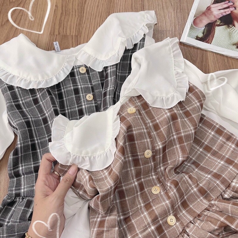 SET YẾM CARO KÈM ÁO SƠ MI CỔ SEN