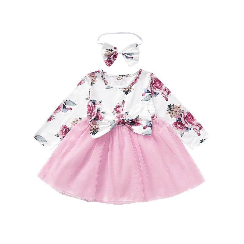 Đầm xòe MIKRDOO in hình hoa kèm băng đô đính nơ đáng yêu dành cho bé gái