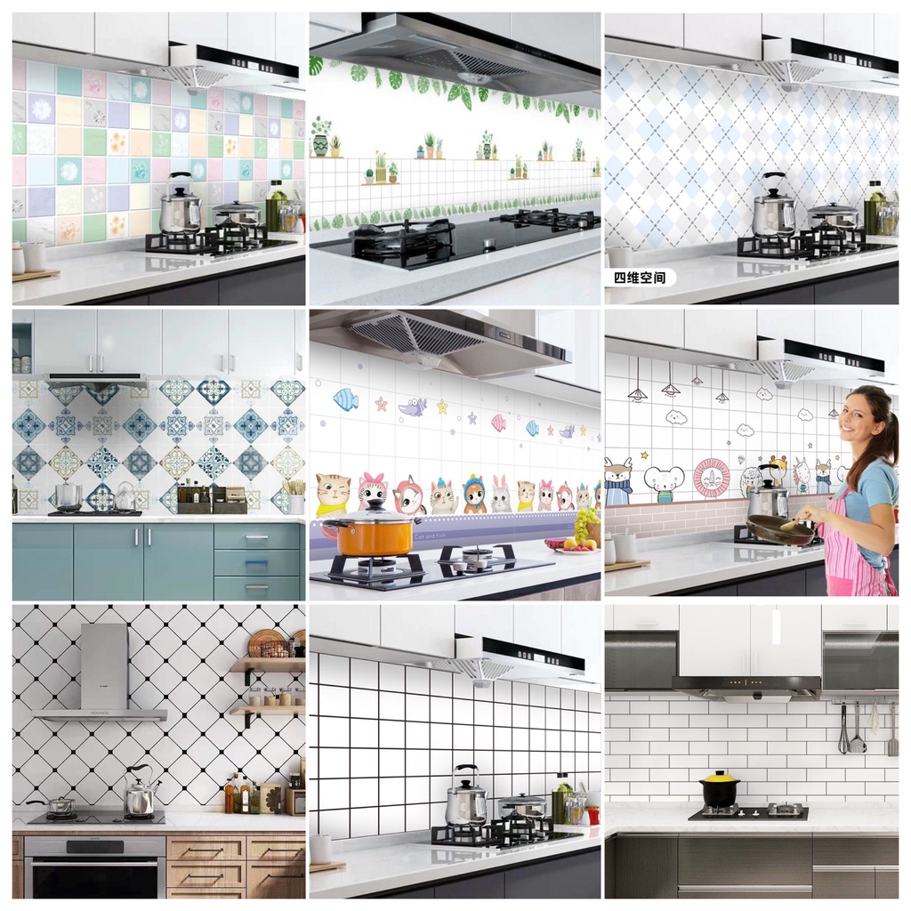 Giấy dán bếp chống dầu mỡ tấm 60cm x 2.5m tráng nhôm dễ lau chùi, decal dán tường bếp giả gạch hoa văn đẹp