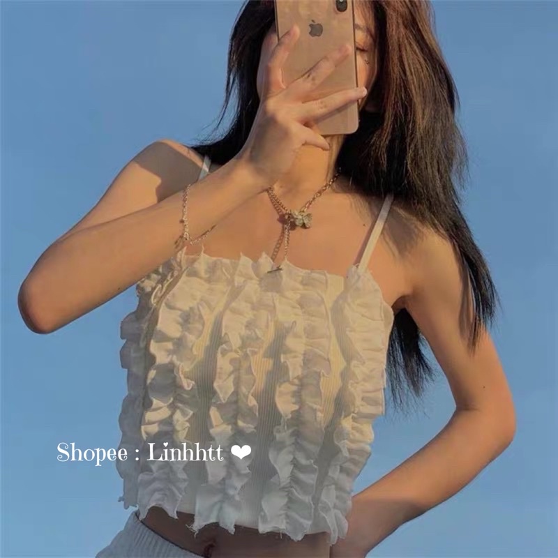 | Loại 1| Áo 2 dây gân ôm body croptop phối bèo áo dây dáng ngắn co dãn basic