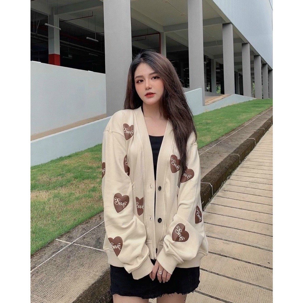 Áo Khoác Cardigan, Áo Khoác Nỉ 2 Túi Sỏ Sành Điệu in Phối Hình Trái Tim Siêu Xinh.At