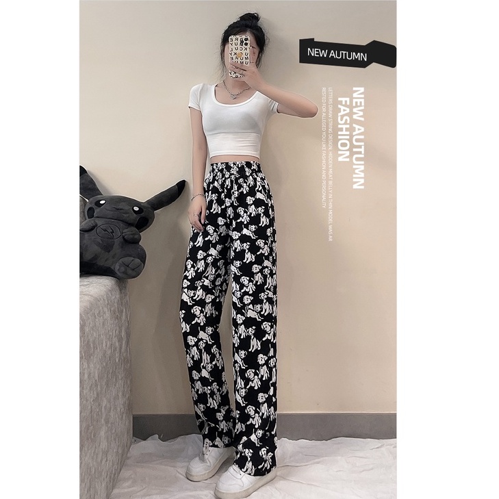 Quần dài XIAOZHAINV chất liệu lụa ống rộng in họa tiết thời trang cho nữ