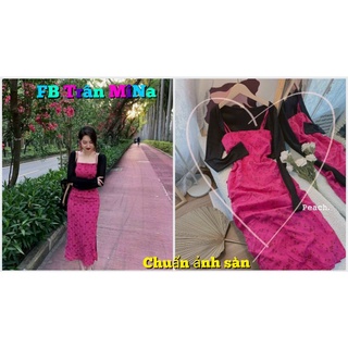 (Sẵn) Set đầm sườn xám trung hoa màu hoa hồng phối áo khoát crop đen
