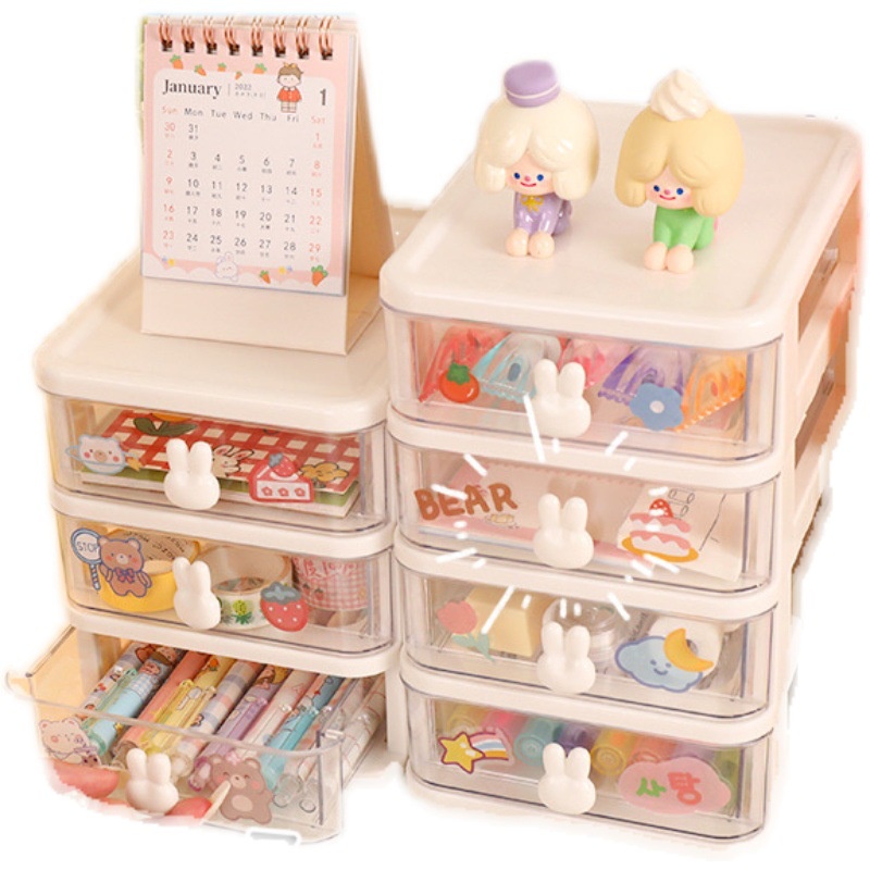 Hộp Nhựa PP Trong Suốt Màu Trắng Có Tay Cầm Hình Thỏ Dùng Đựng Đồ Dùng Học Tập