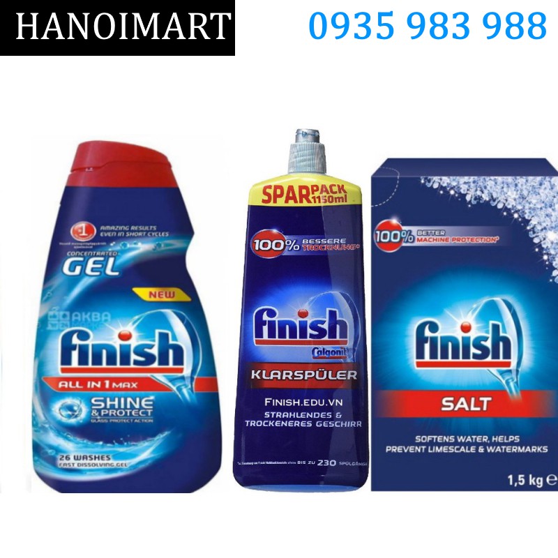 Combo Gel rửa bát finish 650ml + Muối rửa bát Finish 1.5kg + Nước làm bóng finish 1150ml