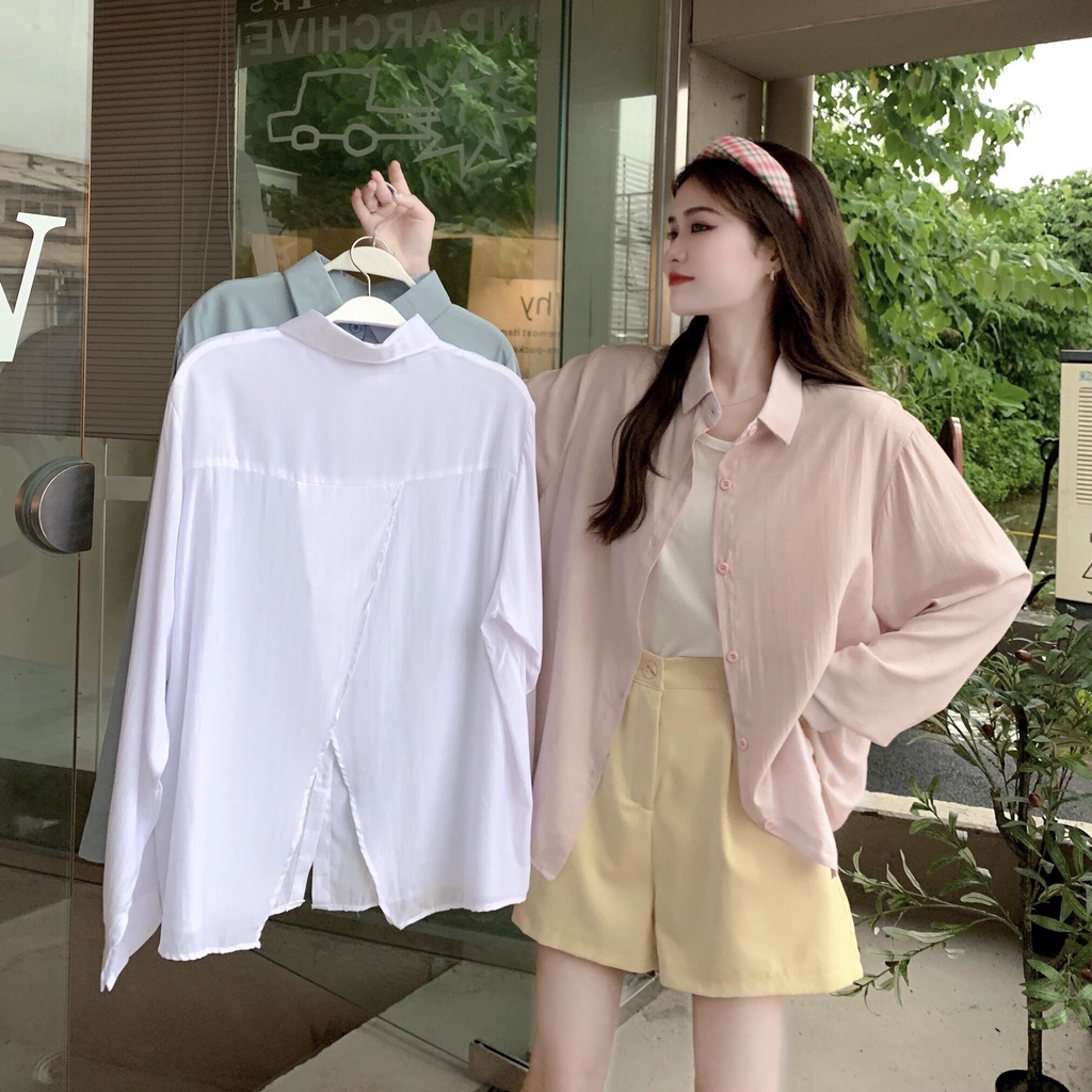 SUXI Áo Sơ Mi Chống Nắng Tay Dài Dáng Rộng Màu Sắc Đơn Giản Dễ Phối Đồ Cho Nữ
