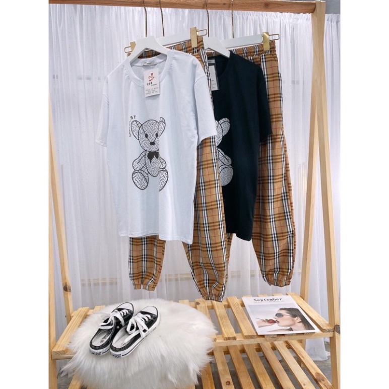 Sét Bộ Thể Thao Quần Kẻ Áo Phông Gấu