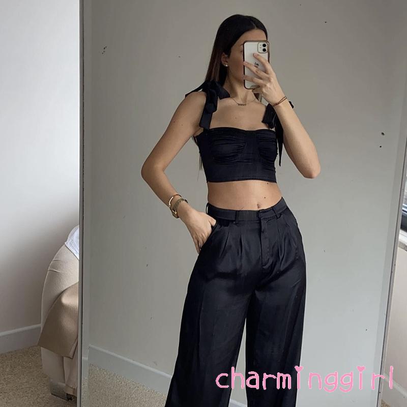 Áo Croptop Sát Nách Màu Sắc Trơn Thiết Kế Dây Đan Chéo Ngực Quyến Rũ