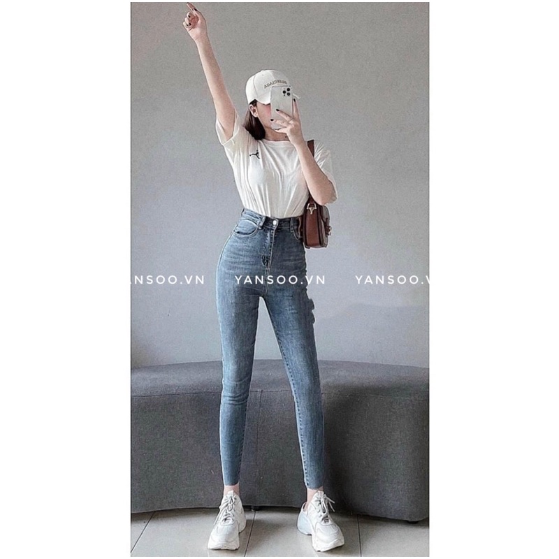 Quần jean bó skiny ôm giãn cạp cao hách dáng tag da , quần bò bó trơn lưng cao basic phong cách Hàn Quốc YANSOO