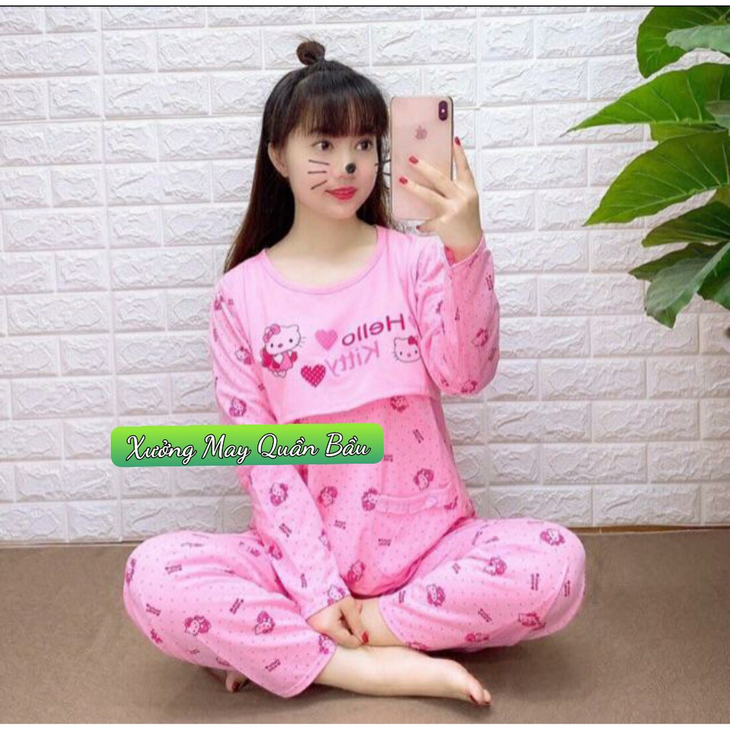 Bộ đồ bầu mặc nhà và sau sinh HELLO KITTY DÀI TAY chất cotton siêu xinh BD922