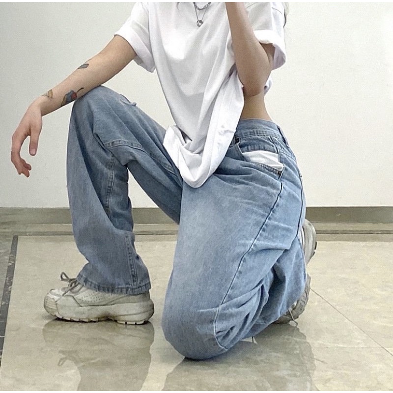 Quần Jeans Xanh Nút Lệch Rách Ống Rộng Phong Cách Ulzzang Hàng Nhập Không May Lại Hot Trend 2022