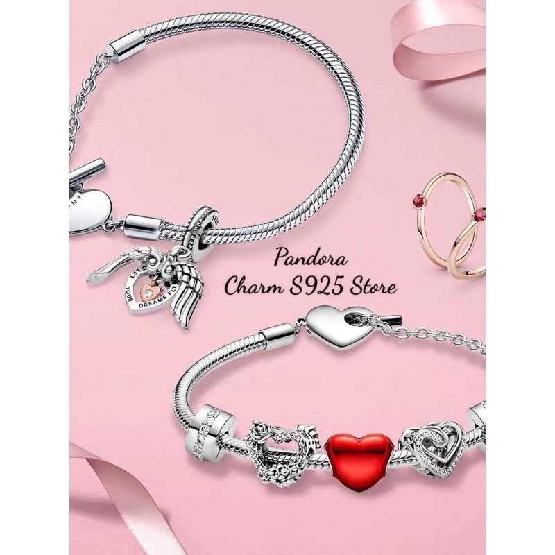 combo bộ vòng tay pan tình yêu vĩnh cửu mix 5 hạt charm hoa hồng bạc s925 cao cấp