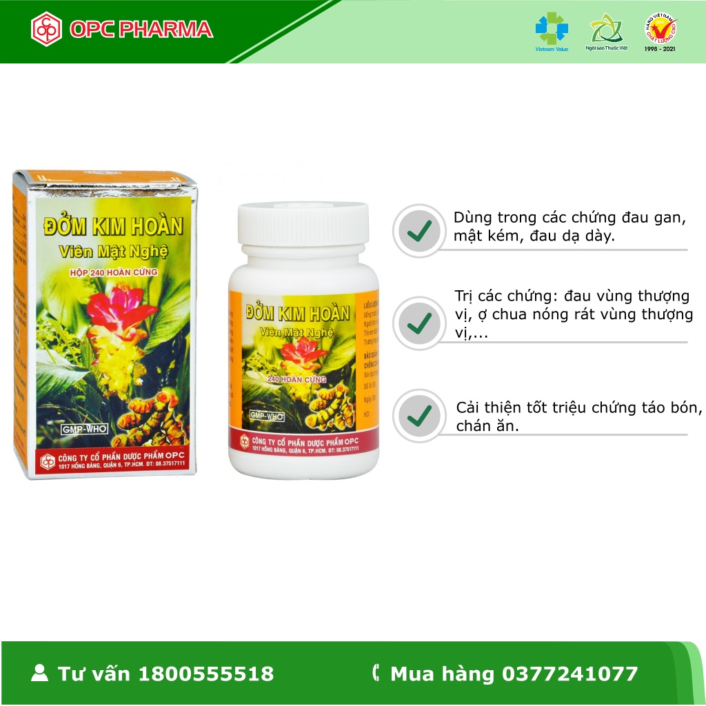 Viên mật nghệ ĐỞM KIM HOÀN OPC  - Giúp giảm đau dạ dày, gan, đau thượng vị - Hàng chính hãng OPC