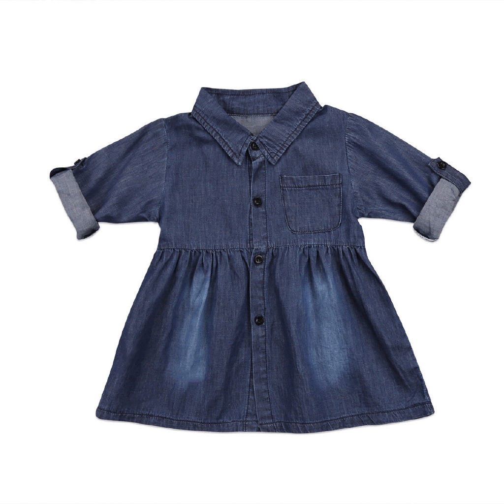 Kids Girls Blue Denim Dress Baby Newborn Turn-down Collar Button Sundress Clothes