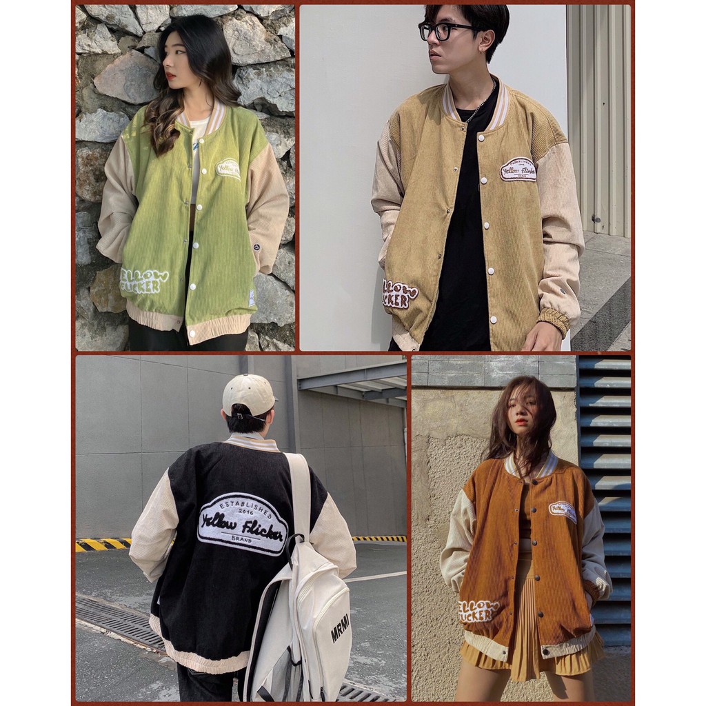 Áo Khoác Bomber Jackets Nhung Gân YELOOW FLICKER Varity Form Rộng Unisex Nam Nữ Ulzzang