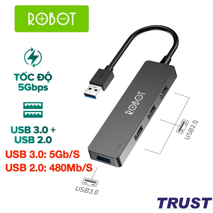 Bộ chia USB HUB 4 cổng ROBOT H140-80 dài 80cm , đa năng truyền dữ liệu tốc độ cao ổn định - HÀNG CHÍNH HÃNG