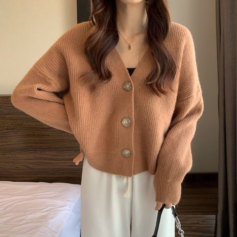 Áo Sweater Dệt Kim Tay Dài Dáng Rộng Cổ V Xinh Xắn Cho Nữ