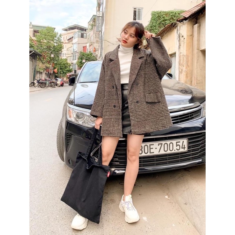 Áo khoác nữ dạ kẻ hai lớp dáng vừa 4 khuy Túi Đắp Ulzzang Hàn Quốc(Hình thật tự chụp/ sẵn)