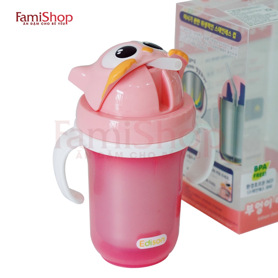 FamiShop Bình nước GIỮ NHIỆT ẤM có ống hút - hình cú mèo Edison, cung cấp nước ấm cho bé