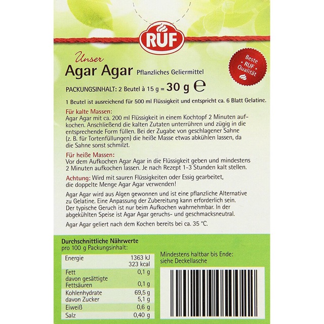 Bột rau câu hữu cơ Agar Ruf Đức 15g date 6/2022