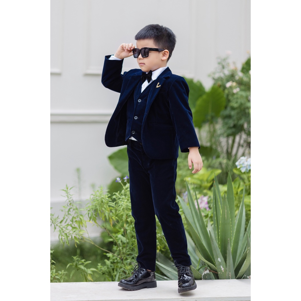 Set vest nhung xanh navy cho công tử nhí - Hàng thiết kế cao cấp