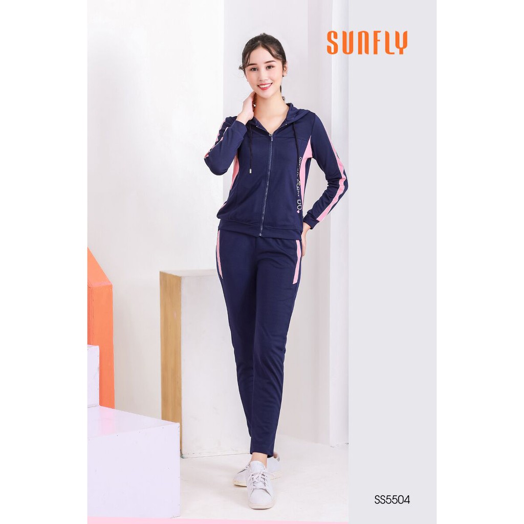 SS5504 Bộ mặc nhà nữ dáng thể thao SUNFLY chất umi kéo khóa có mũ | BigBuy360 - bigbuy360.vn