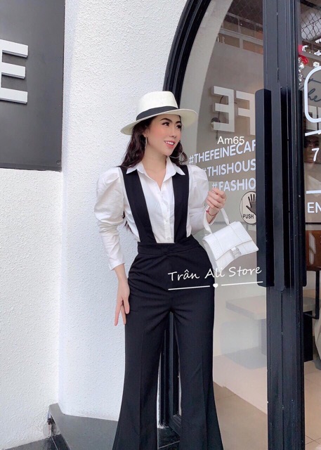 Set áo sơmi tay dài phồng + quần dài yếm ống loe