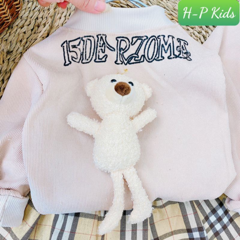 [Xả hàng] Set 2 chi tiết gồm váy kẻ xếp ly kèm áo cài cúc nhung tăm mềm mại, Set váy kẻ áo thu đông cho bé gái