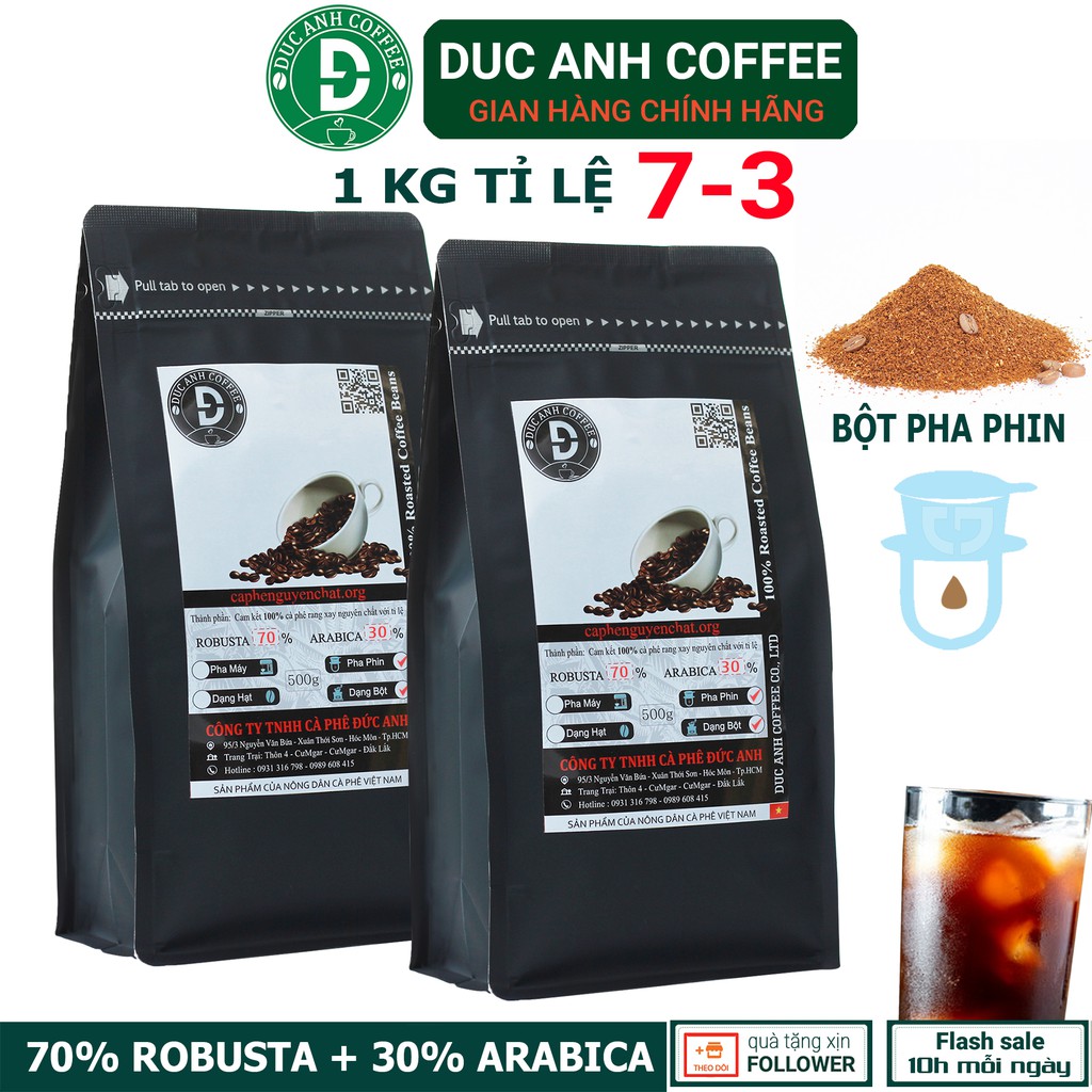 1kg Cà Phê Bột Pha Phin tỉ lệ 7-3 rang mộc DUC ANH COFFEE với 70% Robusta + 30% Arabica nguyên chất pha phin