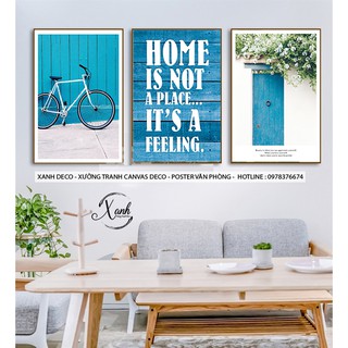 Bộ tranh canvas tĩnh vật hoa và xe nền xanh vintage hiện đại