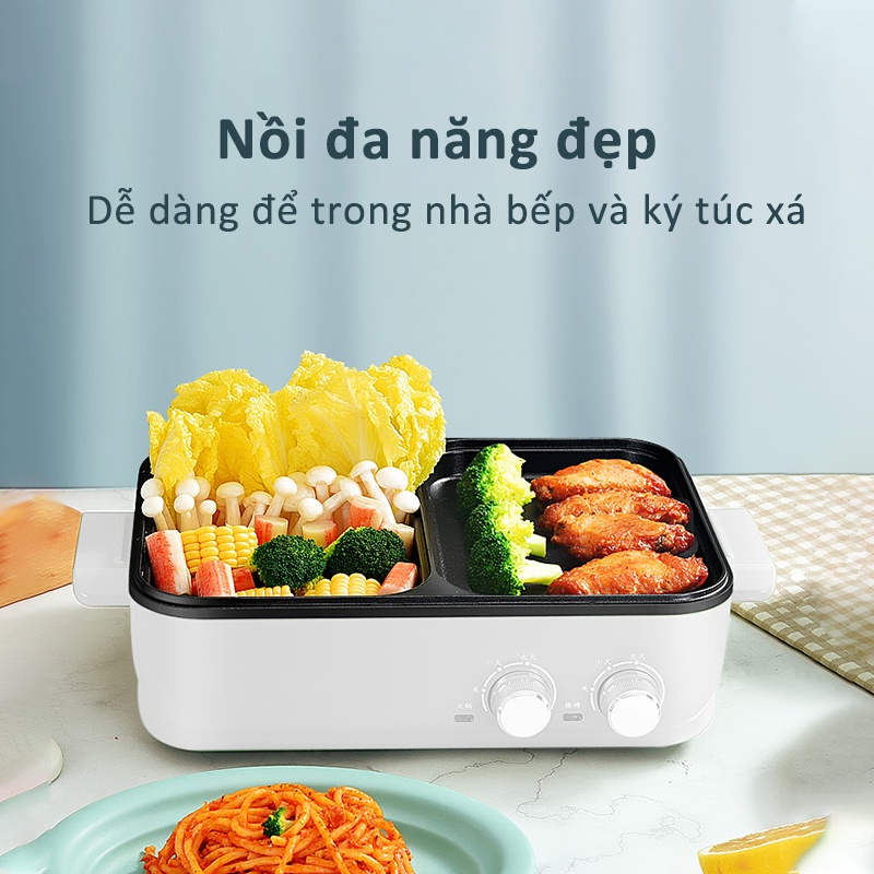 Bếp nướng lẩu điện INSSA DKZP001 2 trong 1 2 ngăn cao cấp đa năng dành cho sử dụng tại nhà và ký túc xá