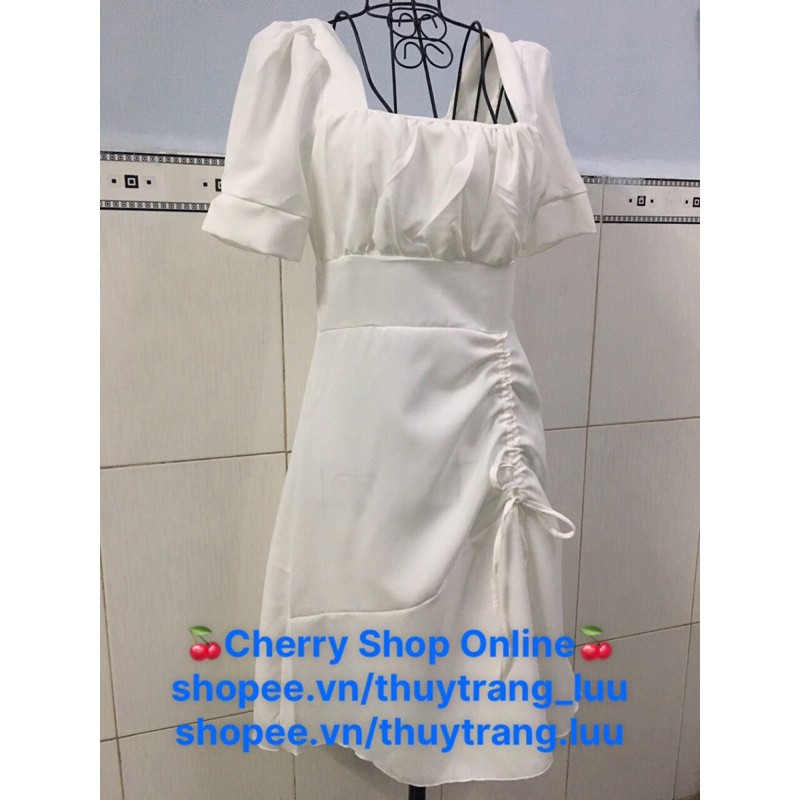 [Kèm ảnh thật]🍒Đầm trắng dự tiệc xoè nhẹ ngực nhún tà rút dây (Free/big size XL, 2XL) | BigBuy360 - bigbuy360.vn