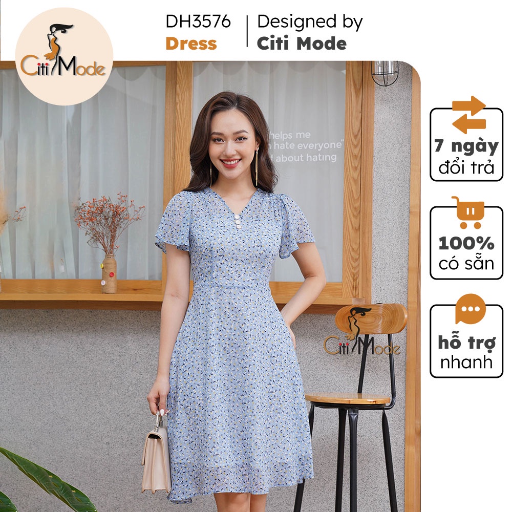 Đầm xòe nữ hoa nhí xanh dương CITI MODE cổ V đính cúc chất Voan cao cấp DH3576