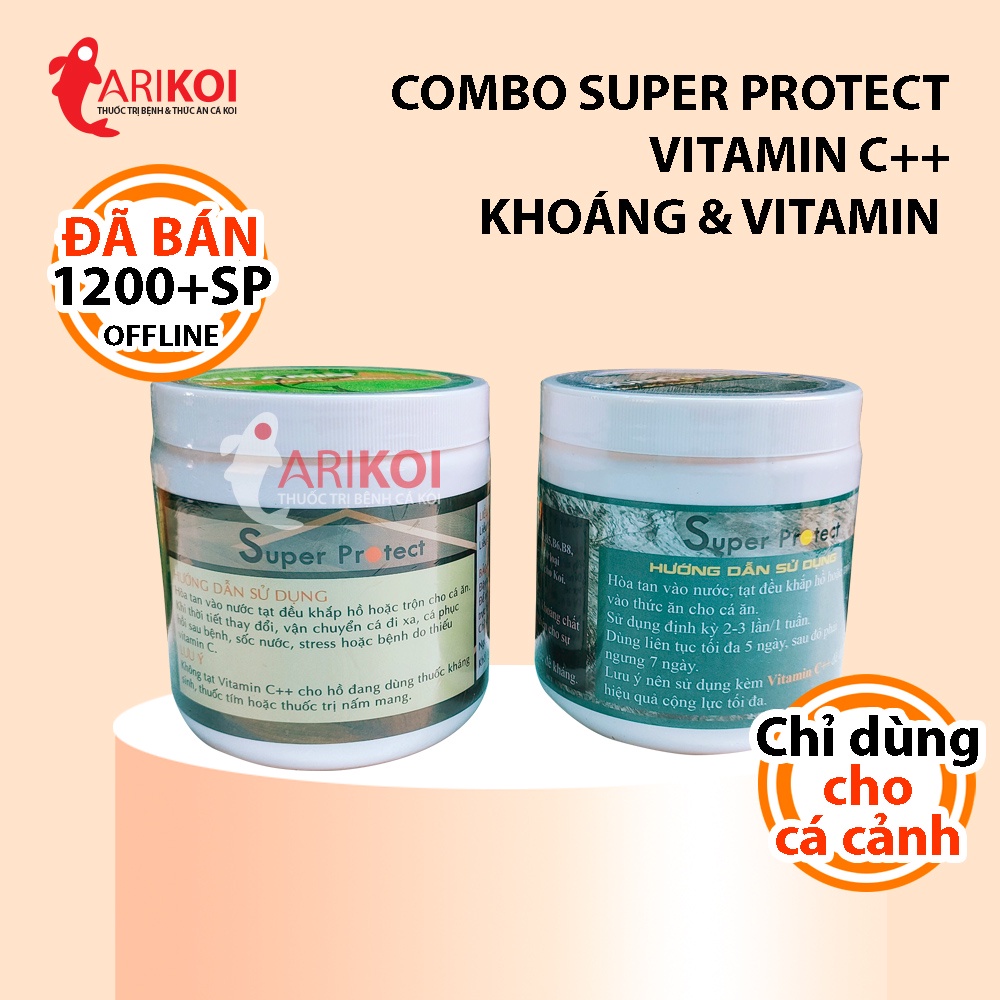 Combo Khoáng&Vitamin Super Protect & Vitamin C++ Super Protect cho cá koi, cá cảnh 2 hũ 300gr