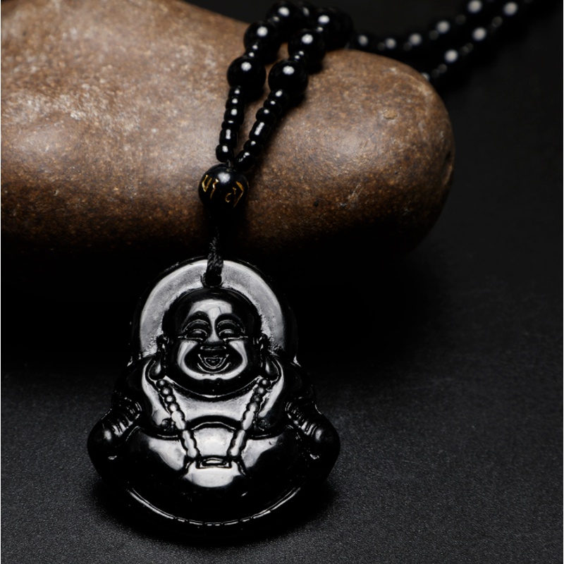 Vòng cổ Bùa Hộ Mệnh Maitreya Mặt Phật Màu Xanh Đen Phong Cách Trung Hoa Thời Trang Cho Nữ