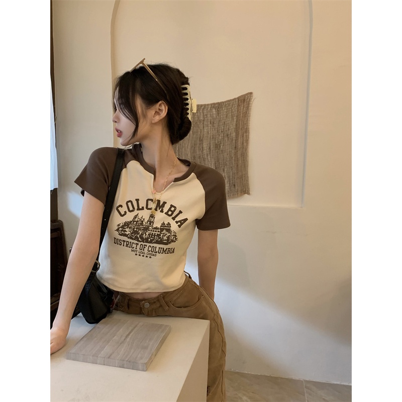 Porozi  Áo thun  tay ngắn cổ chữ V in họa tiết phong cách retro Hàn Quốc thời trang cho nữ 3 màu tùy chọn