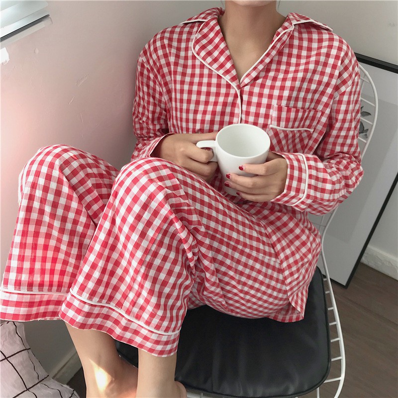 Set pyjama dài tay kẻ caro phong cách Hàn