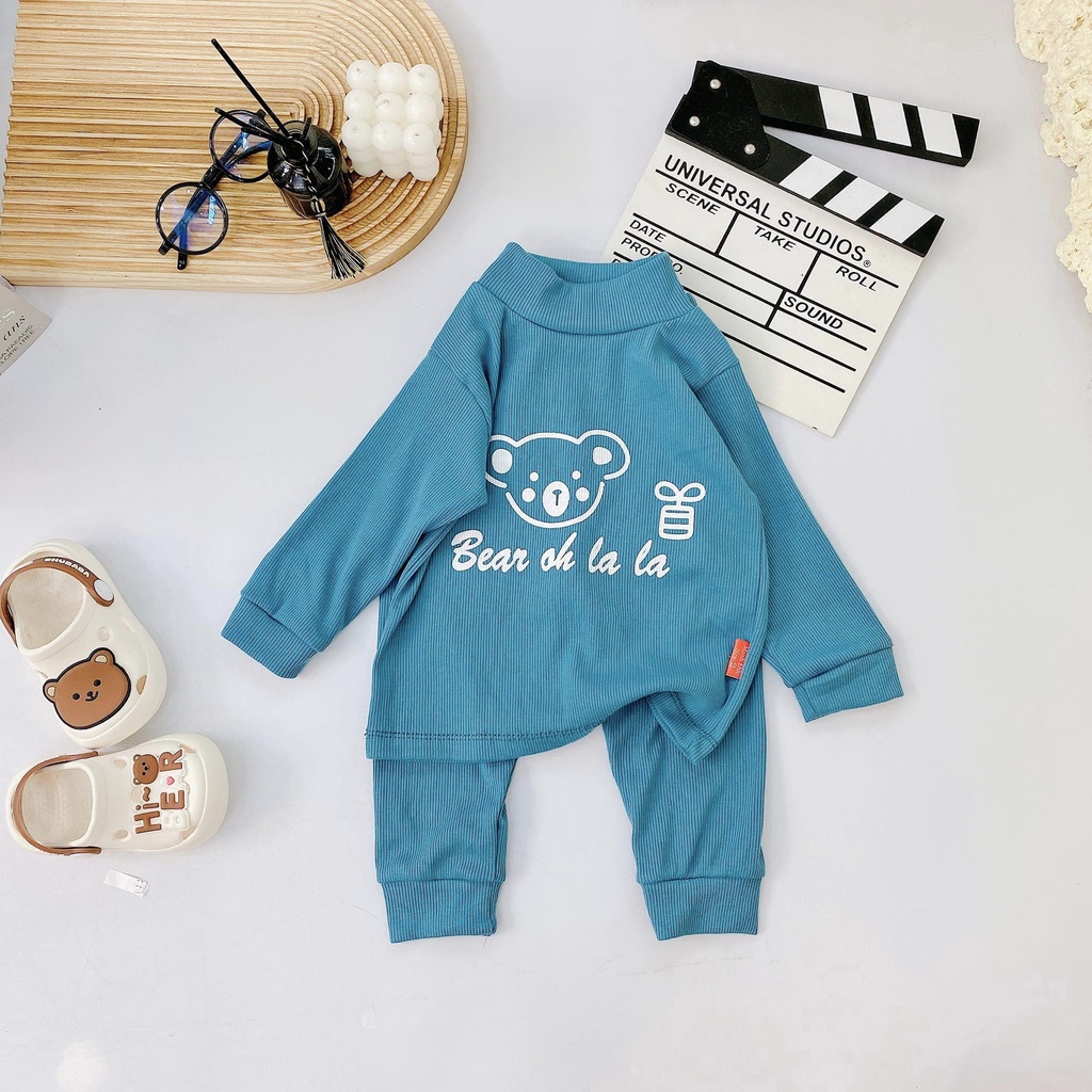 Bộ len tăm cổ 3 phân in hình mặt gấu Minkky Mon dài tay cho bé từ 5 đến 15kg