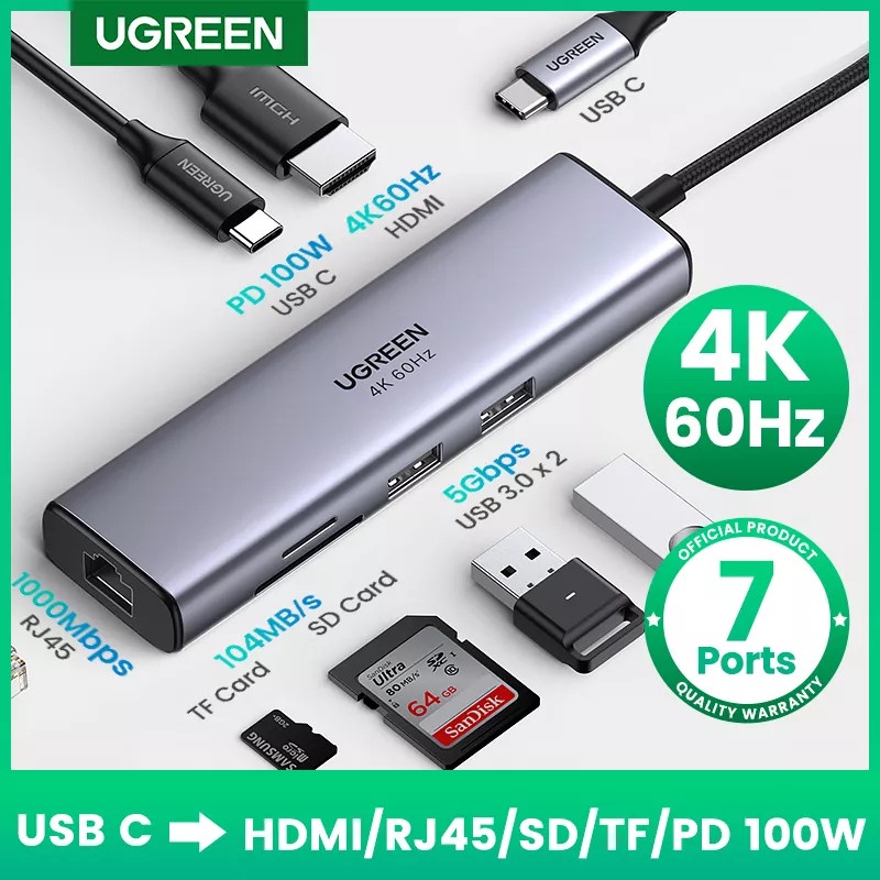 Hub USB Type C 7 in 1 Cao Câp Ugreen 60515 Chính Hãng CM512 (Type C to HDMI 4K@60Hz-Lan Gigabit-USB 3.0-Reader TF/SD-PD1