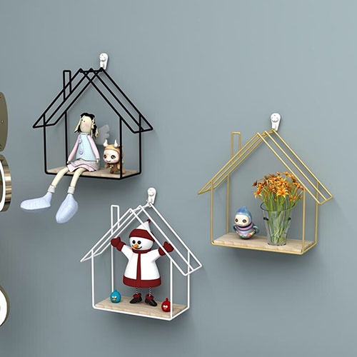 Kệ sắt treo tường hình ngôi nhà kết hợp gỗ thông TẶNG kèm miếng dán tường
