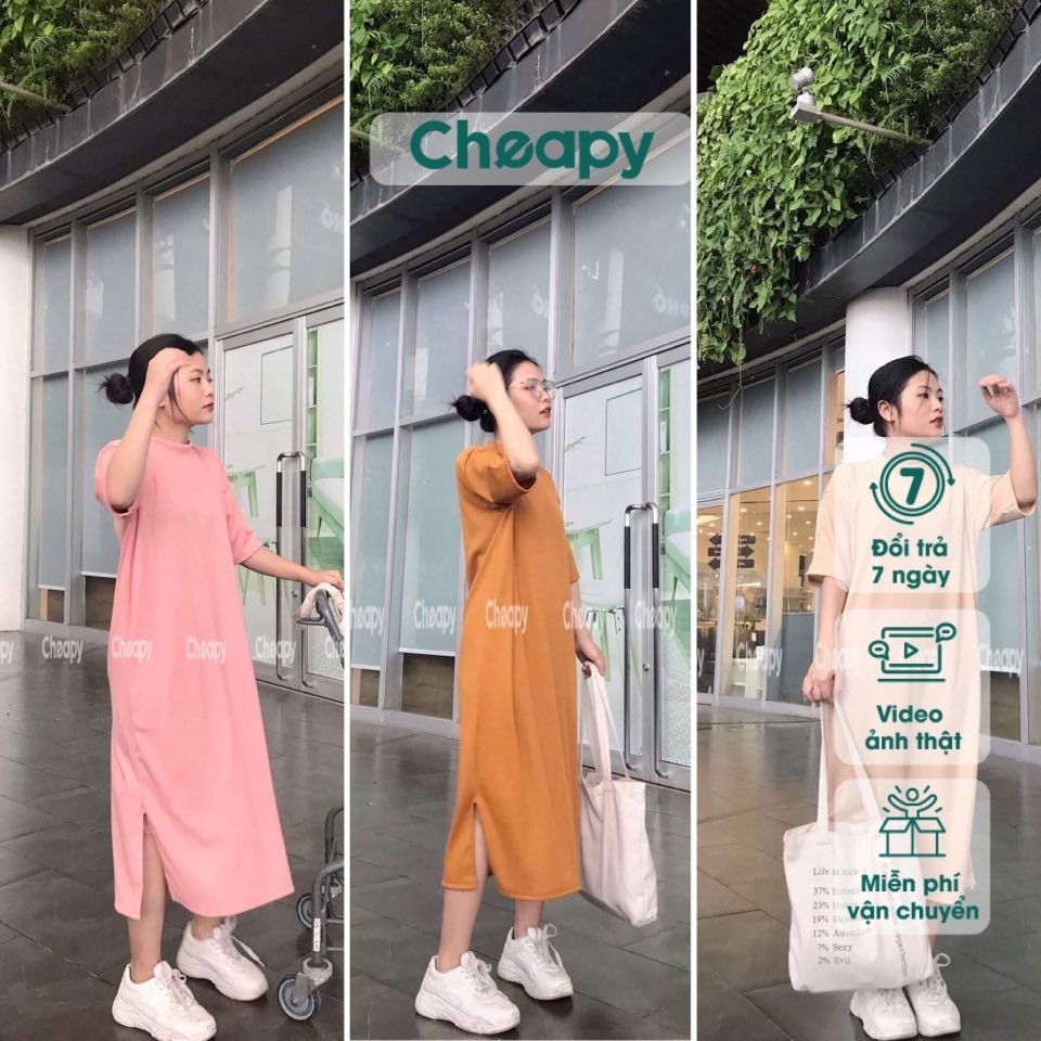 Váy thun tăm suông xẻ tà chất len tăm co giãn dáng suông - Váy đầm nữ dáng suông cộc tay freesize phom rộng C64