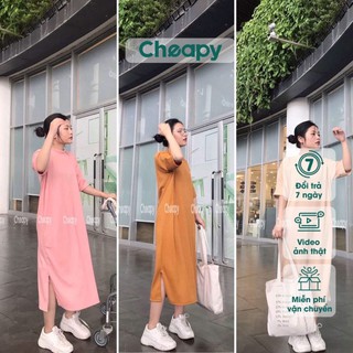 Váy thun tăm suông xẻ tà chất len tăm co giãn dáng suông - Váy đầm nữ dáng suông cộc tay freesize phom rộng C64