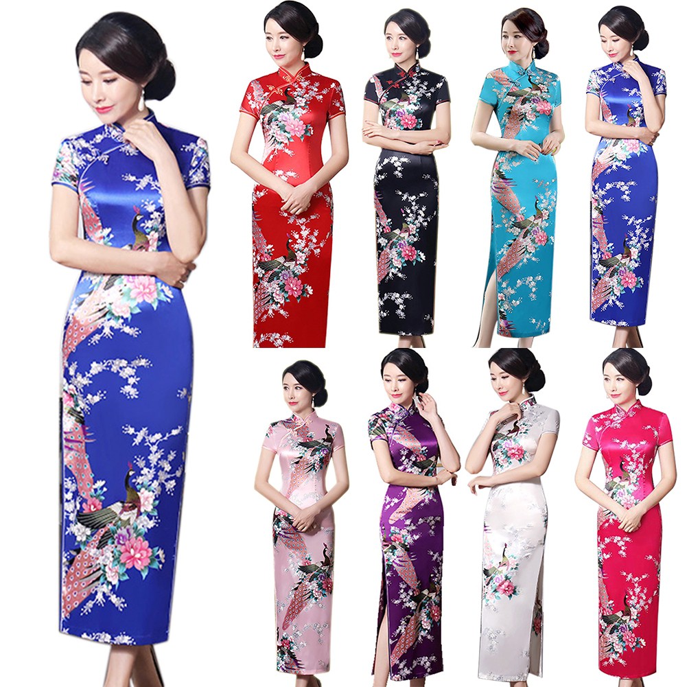 Peacock Print Women Chinese Long Cheongsam Bridesmaid Evening Dress