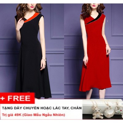 [GOTI - Giá Cực Mềm] Đầm Xòe Dự Tiệc Trung Niên BigSize Phối Màu Cổ Đính Cườm Viền Tặng Mẹ 3039