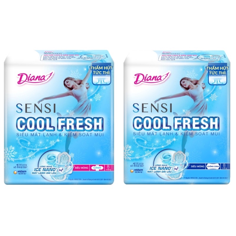 BĂNG VỆ SINH DIANA SENSI COOL FRESH SIÊU MỎNG 8 MIẾNG CÓ CÁNH/ KHÔNG CÁNH