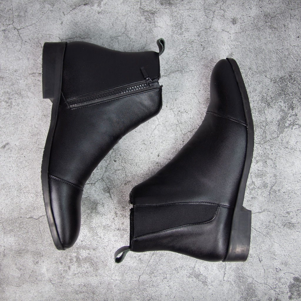 Giày Chelsea Boots Nam Da Chống Nhăn Đế Tăng Chiều Cao 5cm Đen Nhám Cổ Khoá Zip Đức Linh GDA042